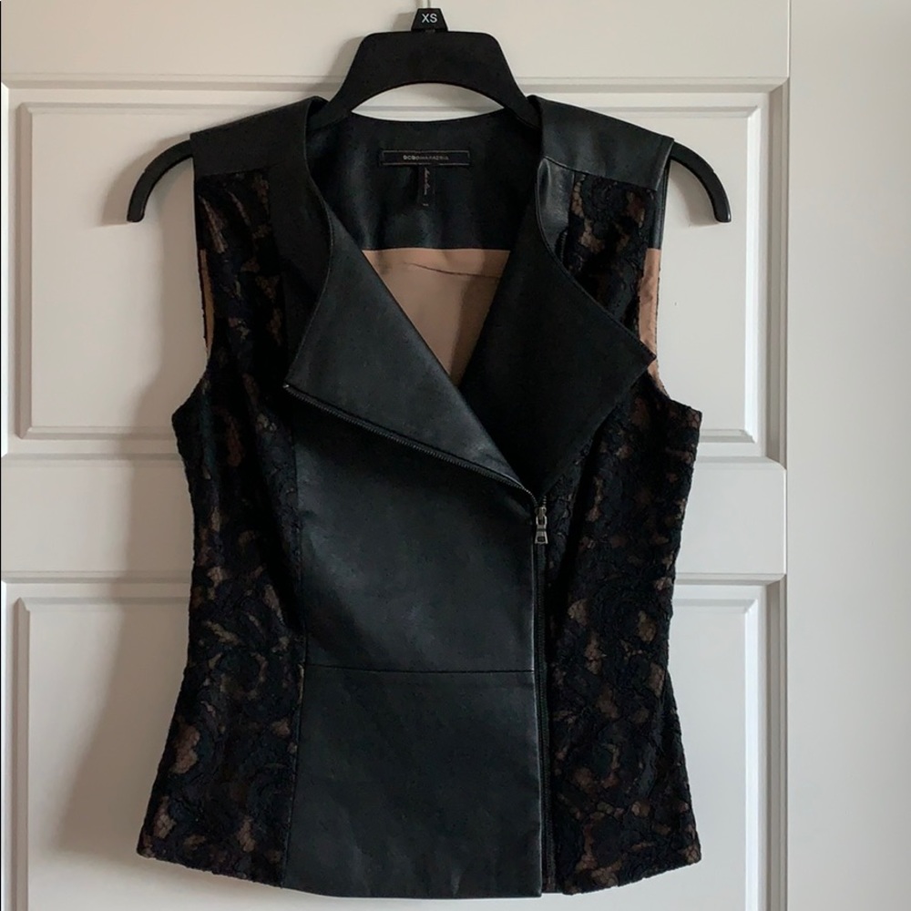 BCBG Faux leather lace peplum top